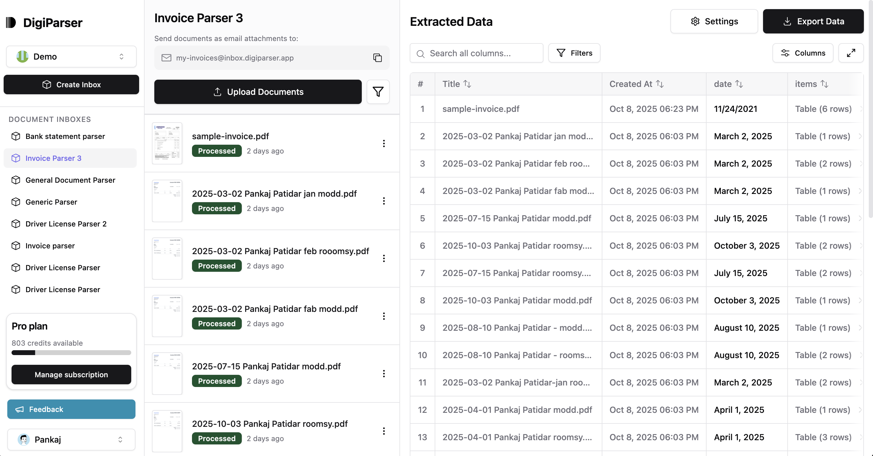 DigiParser Inbox Interface - Upload documents, view extracted data, download CSV/Excel